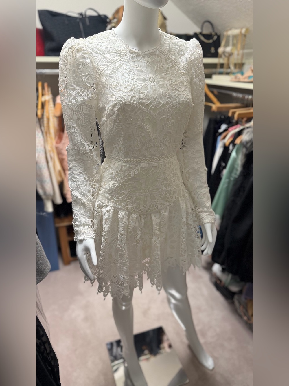 Monique Lhuillier White Lace Long-Sleeve Mini Dress Size 6